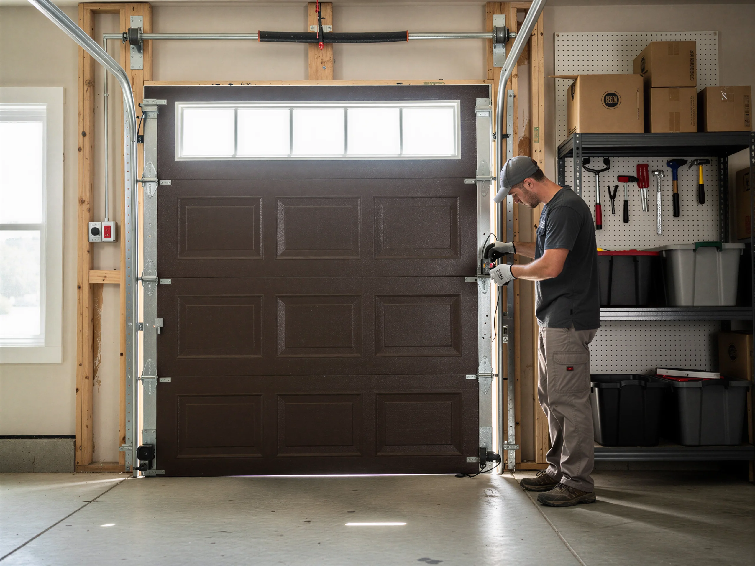 A technician works on a brown garage door with windows in a garage.