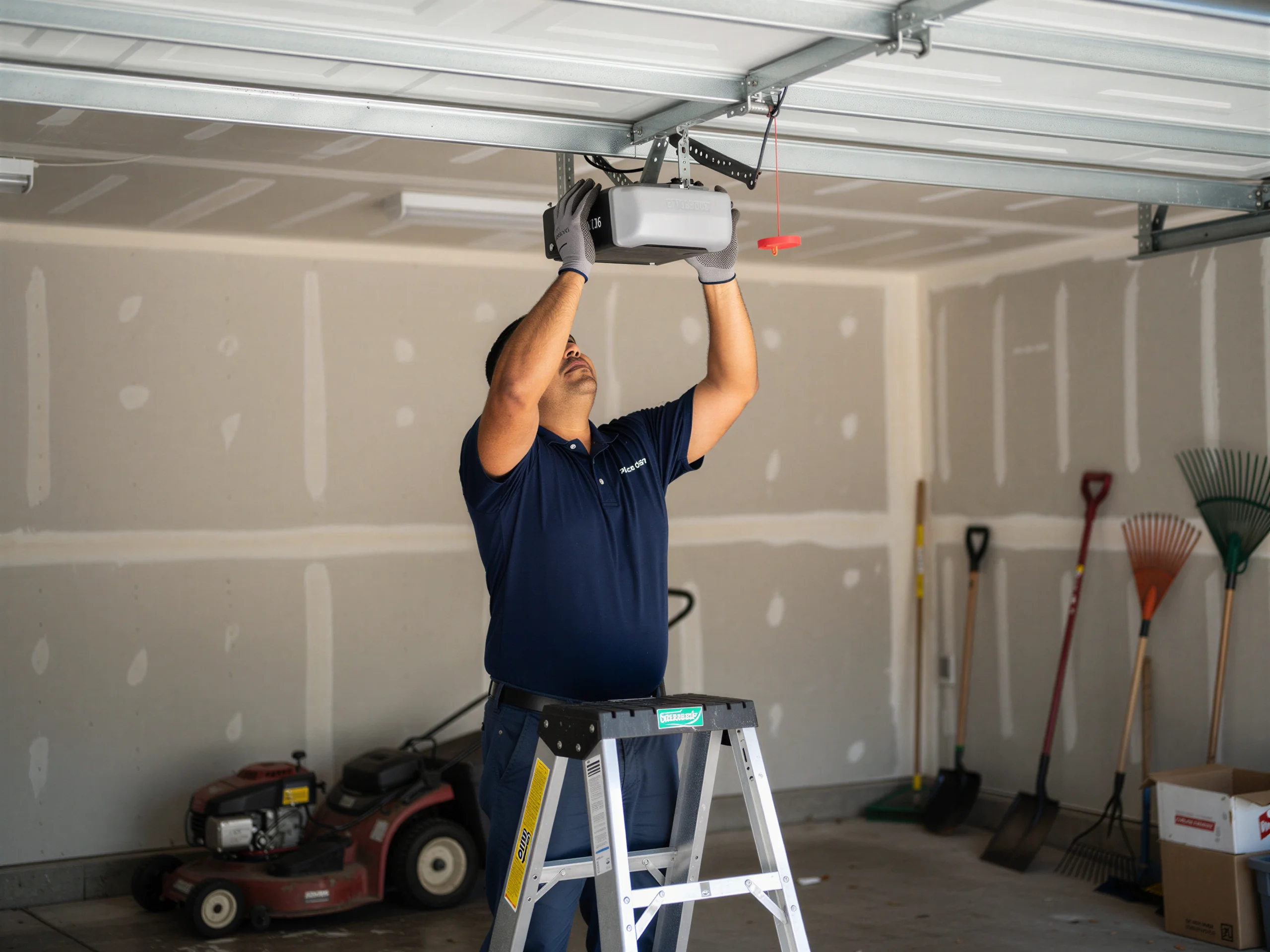 A technician on a ladder installs a garage door opener in a garage.