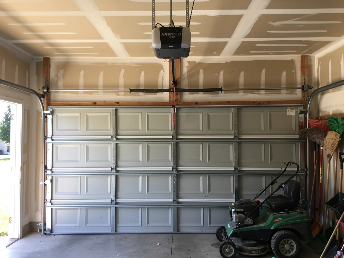 The garage door is closed, with an opener and torsion spring visible above.